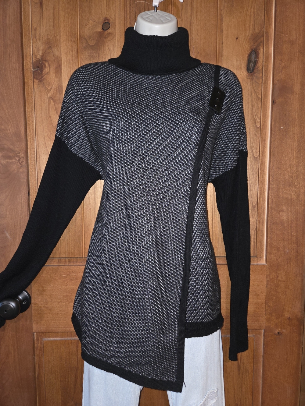 Ivanka Trump Black and Gray Asymmetric Turtleneck Sweater